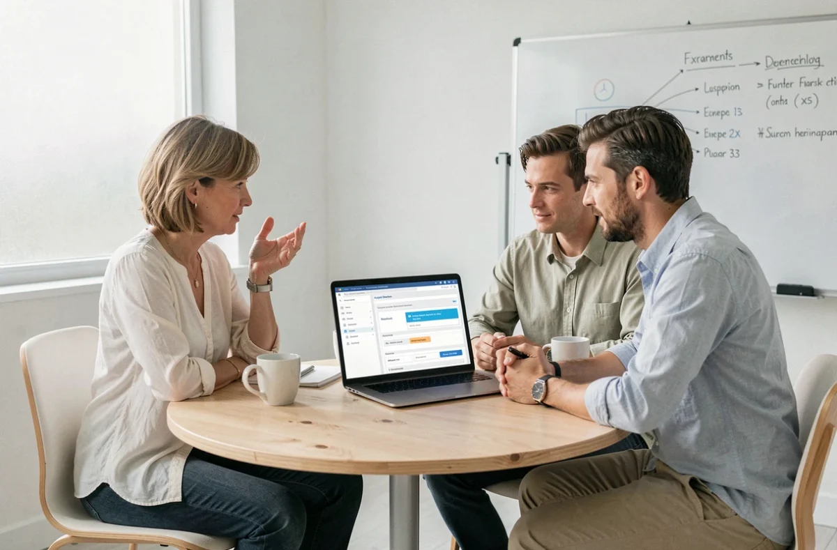 Deux professionnels du marketing collaborant sur une intégration de webinaire dans un outil d'emailing en salle de réunion