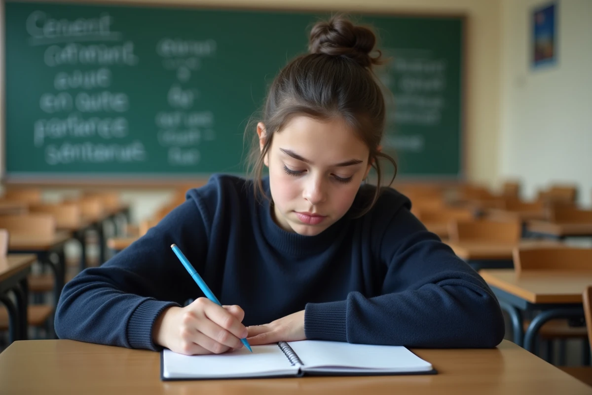 Collégienne écrivant des connecteurs logiques dans son cahier en classe de français
