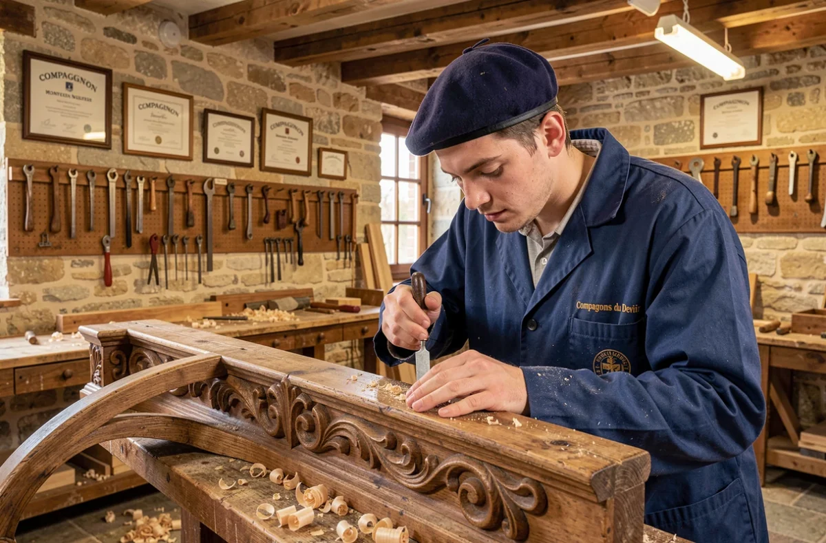 Jeune apprenti compagnon du Devoir sculptant du bois à la main dans un atelier de menuiserie traditionnelle