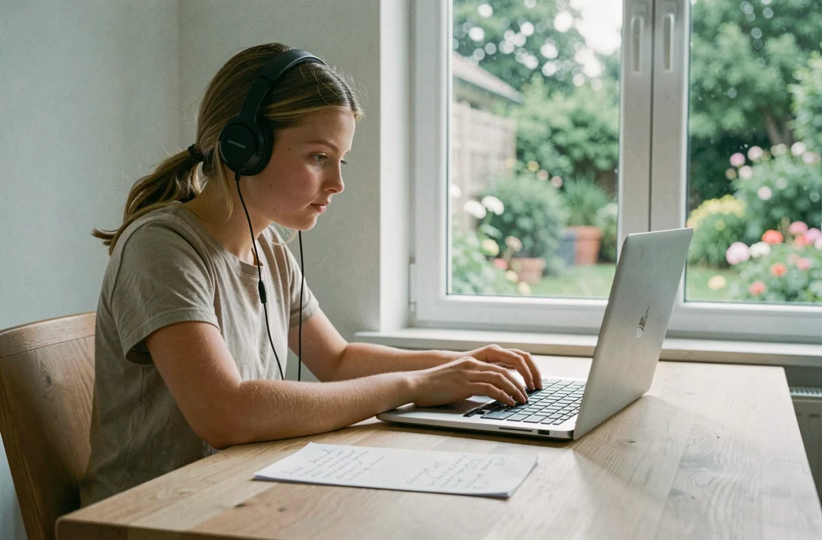 Une adolescente suivant une session de tutorat en ligne avec Complétude sur un ordinateur portable dans un espace de travail calme à la maison