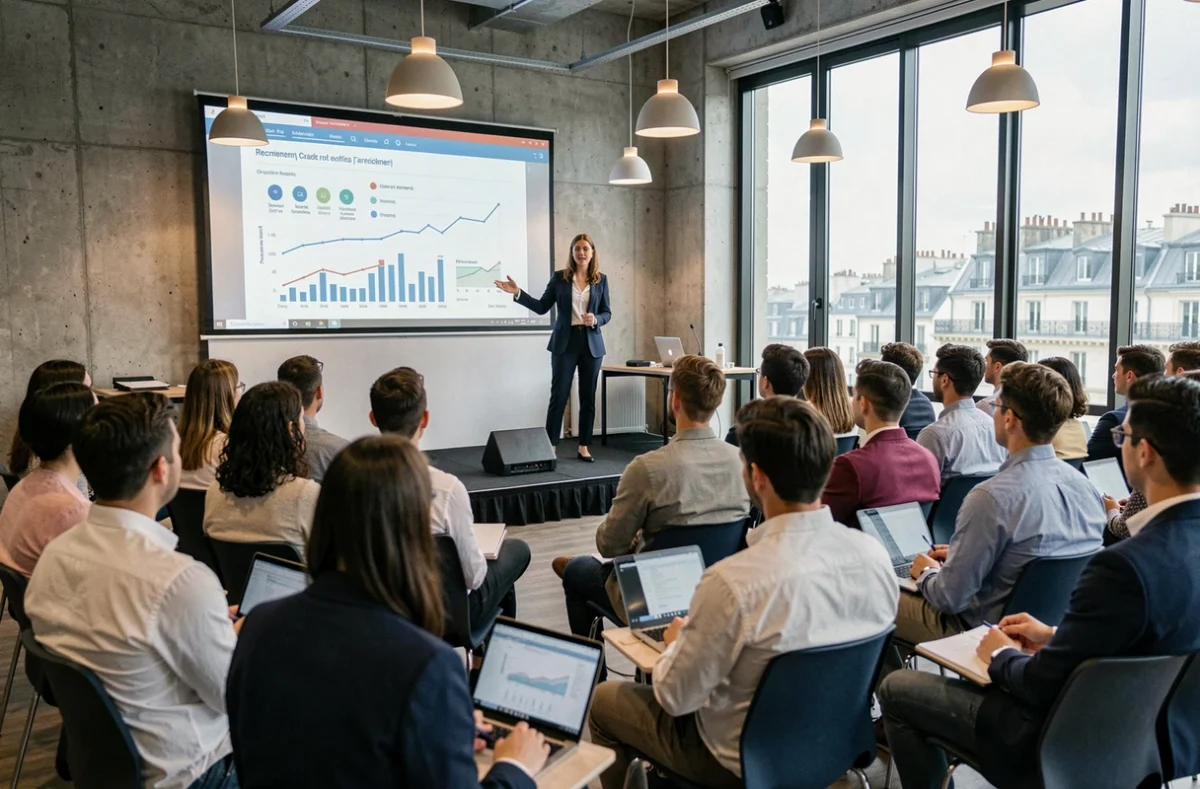 Conférencière professionnelle présentant des stratégies de recrutement digital lors d'une conférence à Paris devant un public de jeunes professionnels