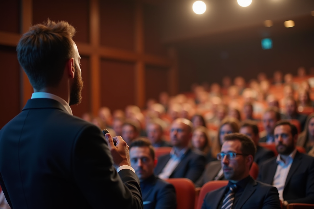 Intervenant confiant parlant à un public attentif en salle lumineuse