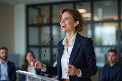Femme confiante parlant lors d'une conférence en intérieur