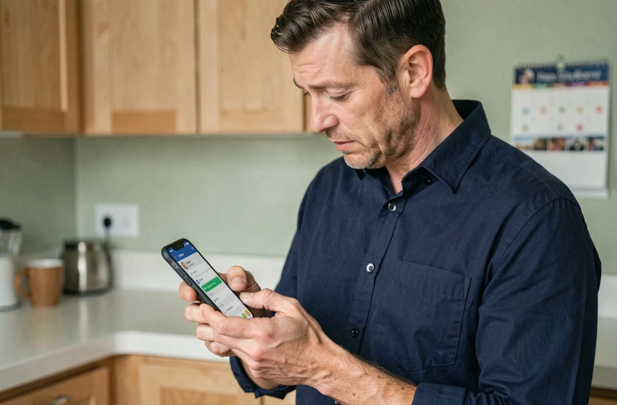 Parent configurant les notifications de l'ENT Aisne NEO sur son téléphone mobile dans la cuisine