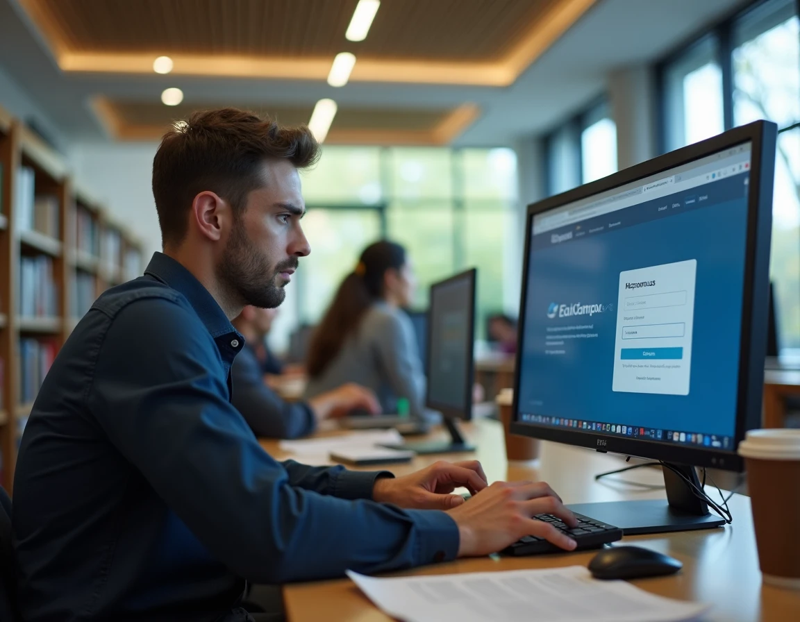 Étudiant adulte tentant de se connecter au portail MyCampus EduServices sur un ordinateur en bibliothèque universitaire