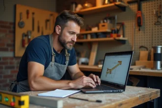 Homme en tablier de bricolage regardant un cours de bricolage en ligne sur son ordinateur portable dans un atelier fait maison