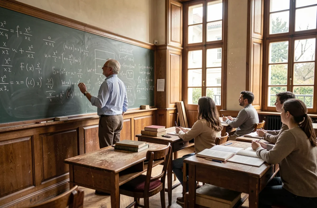 Un professeur expérimenté des Cours Legendre devant un tableau avec des formules mathématiques dans une salle de cours traditionnelle