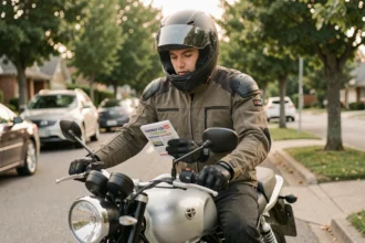 Jeune motard débutant consultant le code de la route sur sa moto garée dans une rue résidentielle