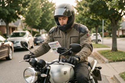 Jeune motard débutant consultant le code de la route sur sa moto garée dans une rue résidentielle
