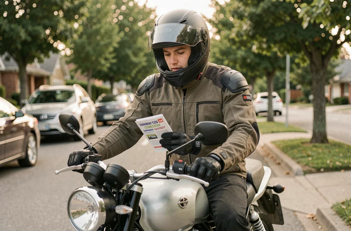 Jeune motard débutant consultant le code de la route sur sa moto garée dans une rue résidentielle