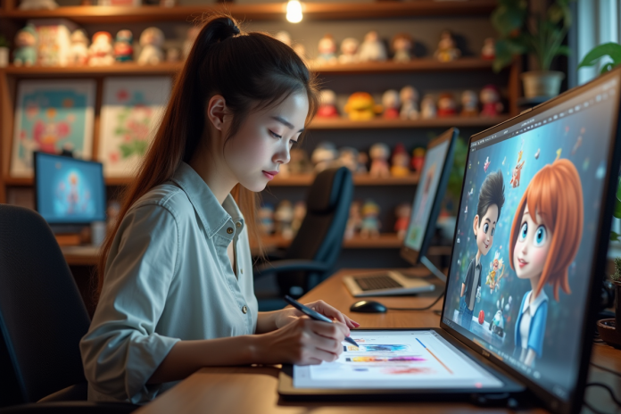 dessinatrice-animation-tablet Jeune femme dessinant des personnages animés sur une tablette