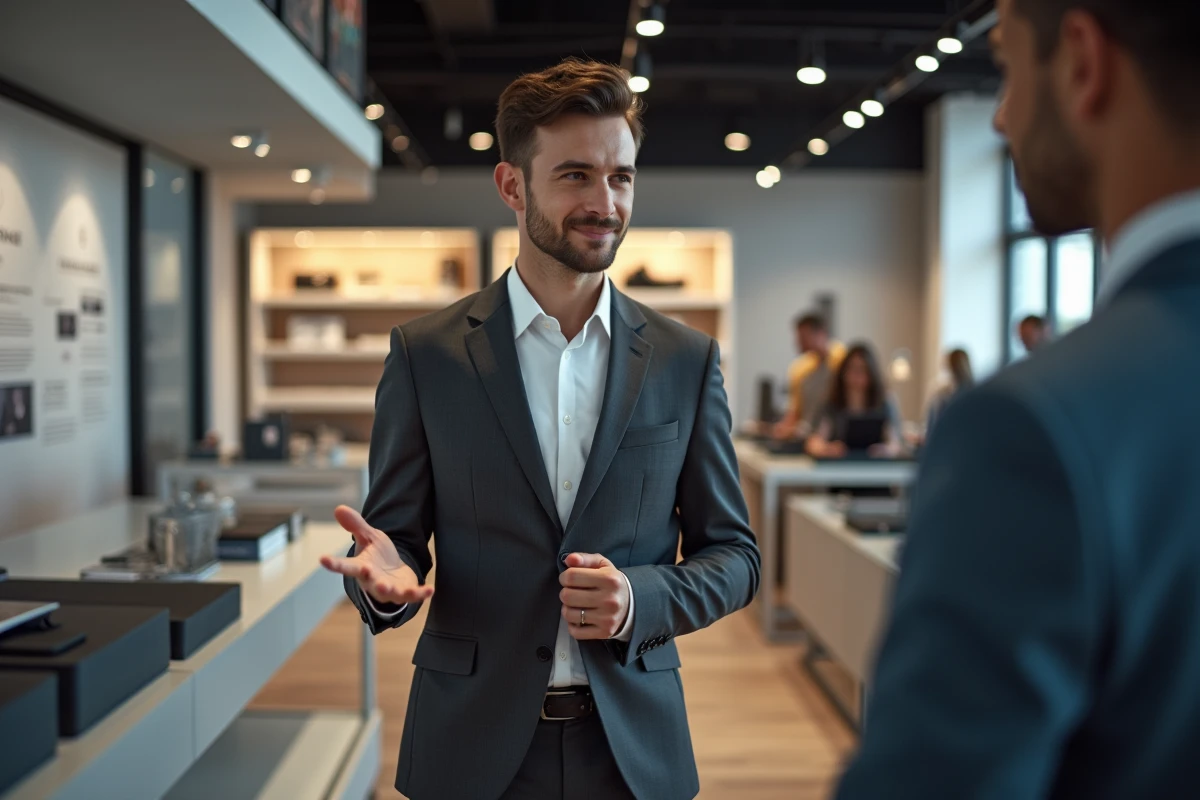 Jeune diplômé STMG en emploi dans un espace commercial, conseillant un client avec assurance