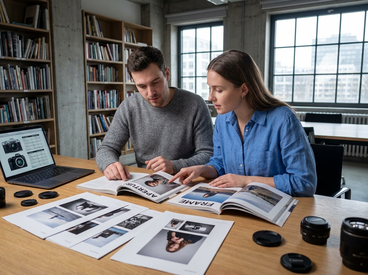Deux jeunes photographes discutant de leur spécialité photo autour d'un bureau recouvert de magazines et portfolios dans un espace de coworking moderne