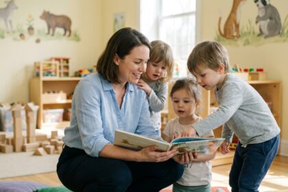 Éducatrice souriante lisant un livre illustré à un groupe d'enfants en bas âge dans une salle de crèche colorée