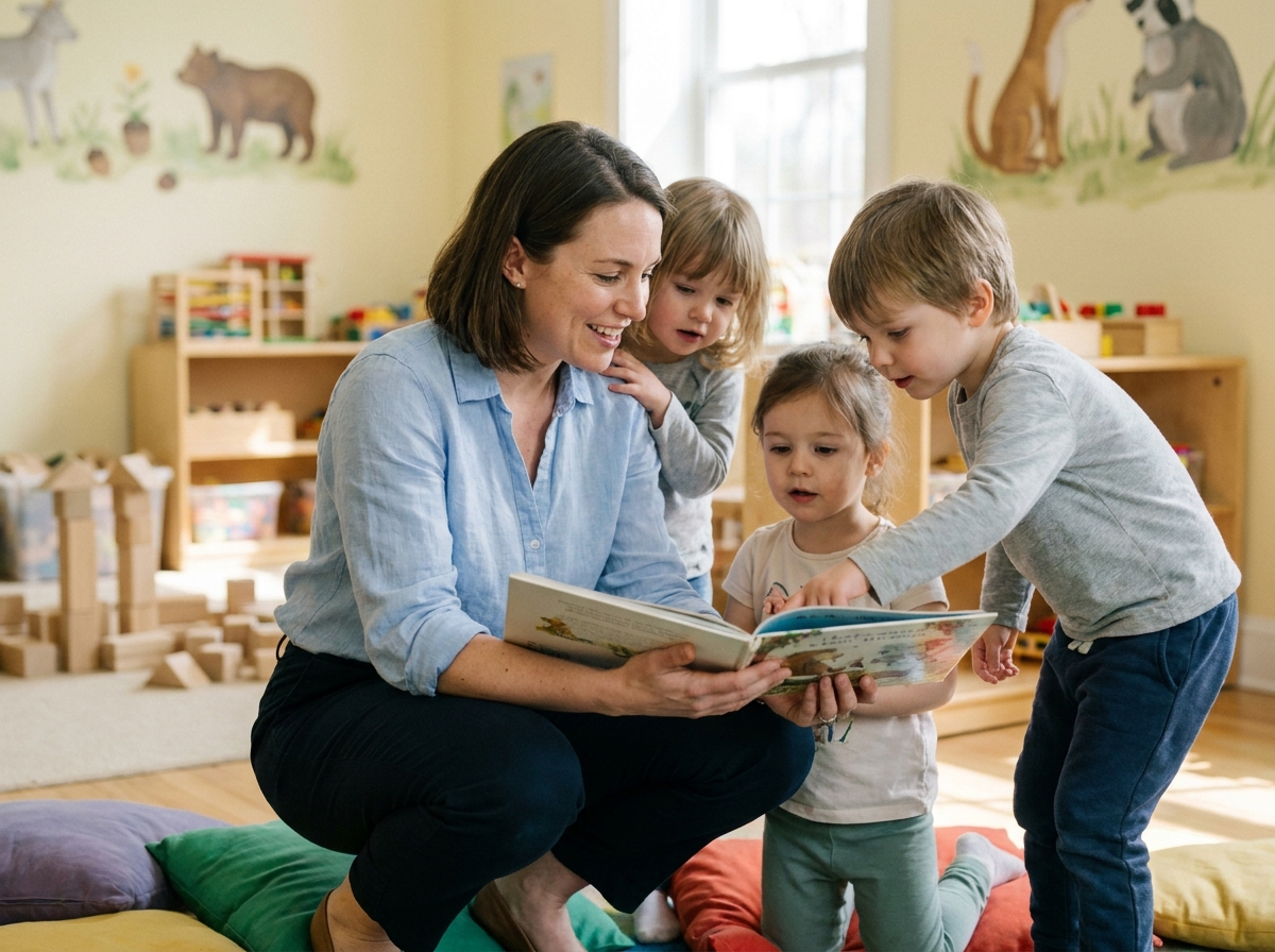 Éducatrice souriante lisant un livre illustré à un groupe d'enfants en bas âge dans une salle de crèche colorée