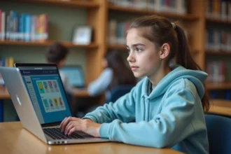 Élève collégienne utilisant l'ENT Scolaweb sur un ordinateur portable dans une bibliothèque scolaire