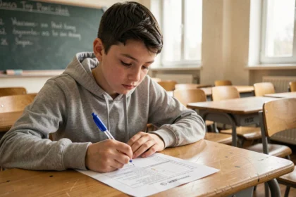 Élève de collège en train de remplir une grille de contrôle continu pour le brevet dans une salle de classe