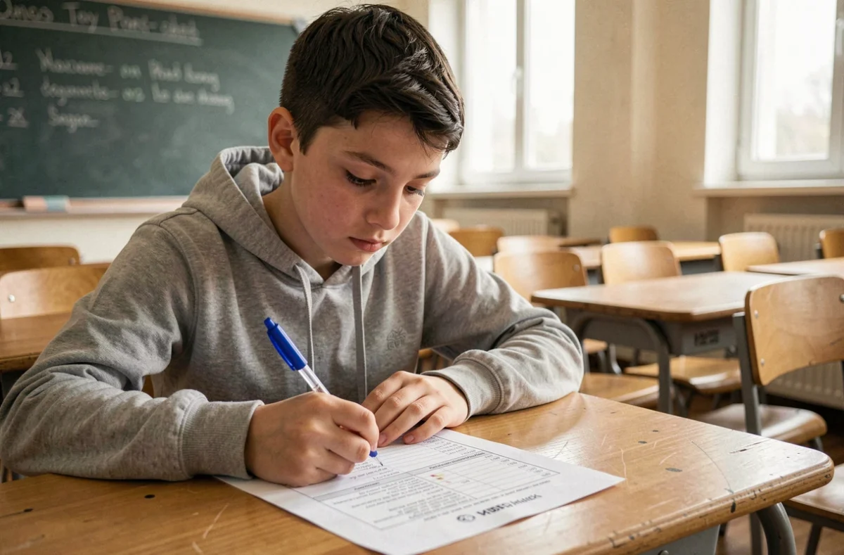 Élève de collège en train de remplir une grille de contrôle continu pour le brevet dans une salle de classe