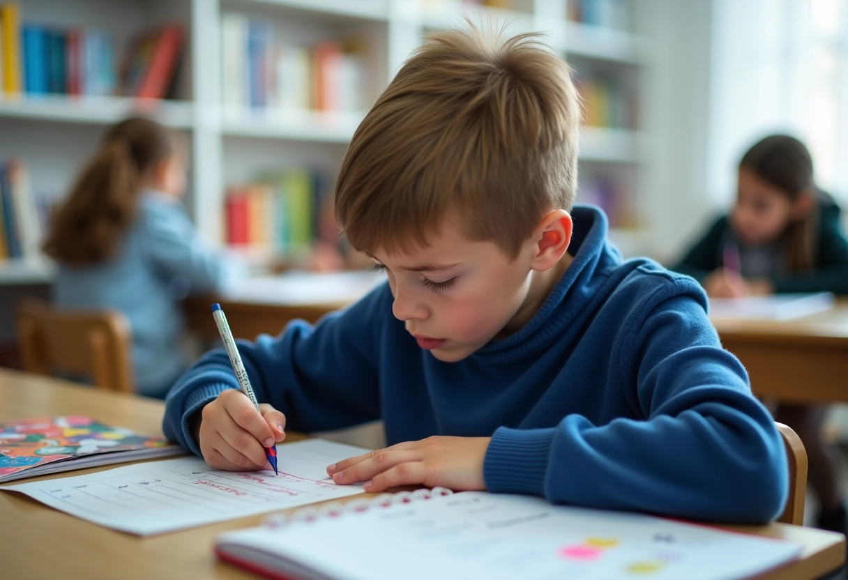 Elève de dix ans remplissant un tableau de progression dans une classe lumineuse