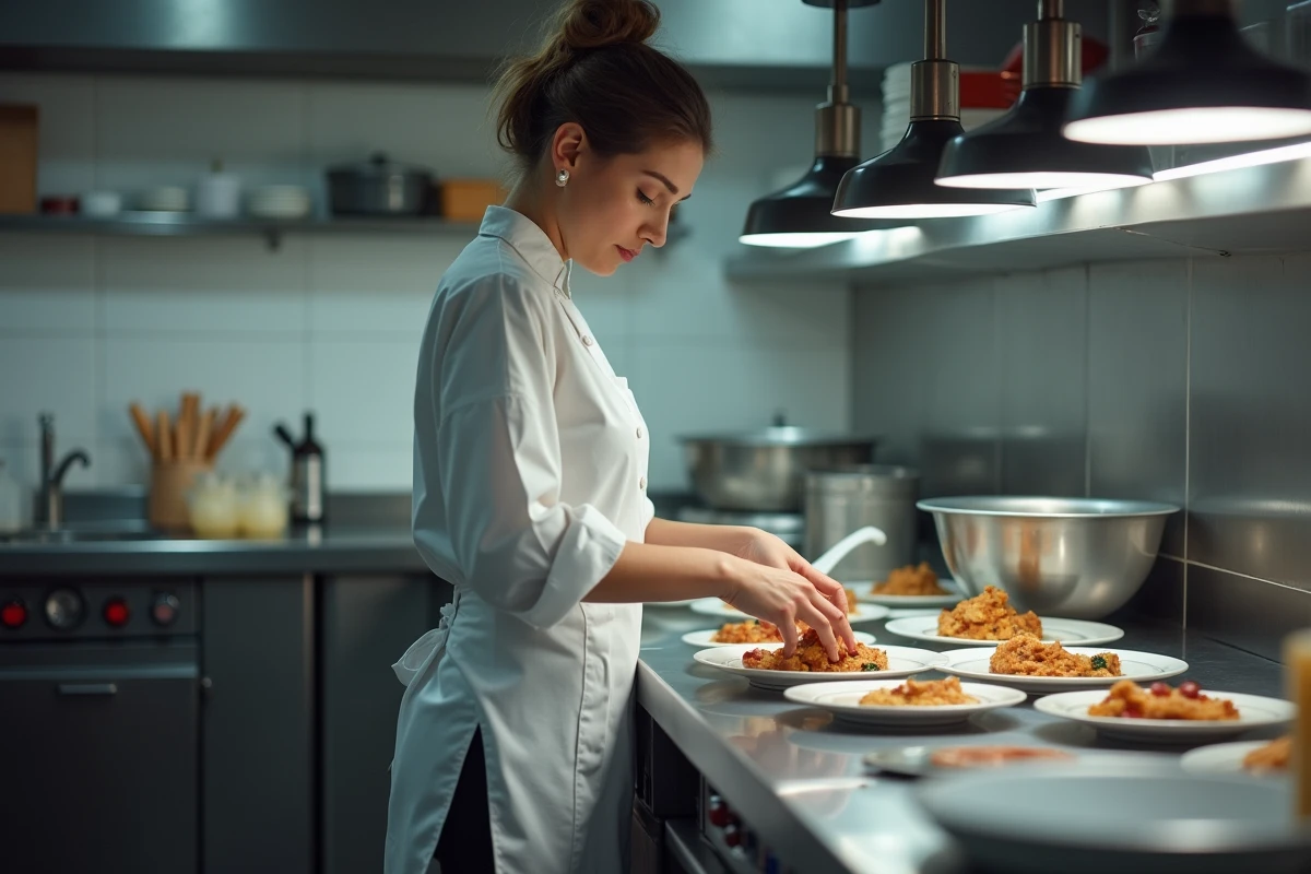 Femme cuisinière sans bac travaillant dans un restaurant professionnel à l'étranger