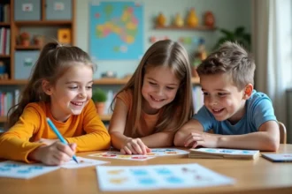 Trois enfants souriants apprenant l'espagnol en classe
