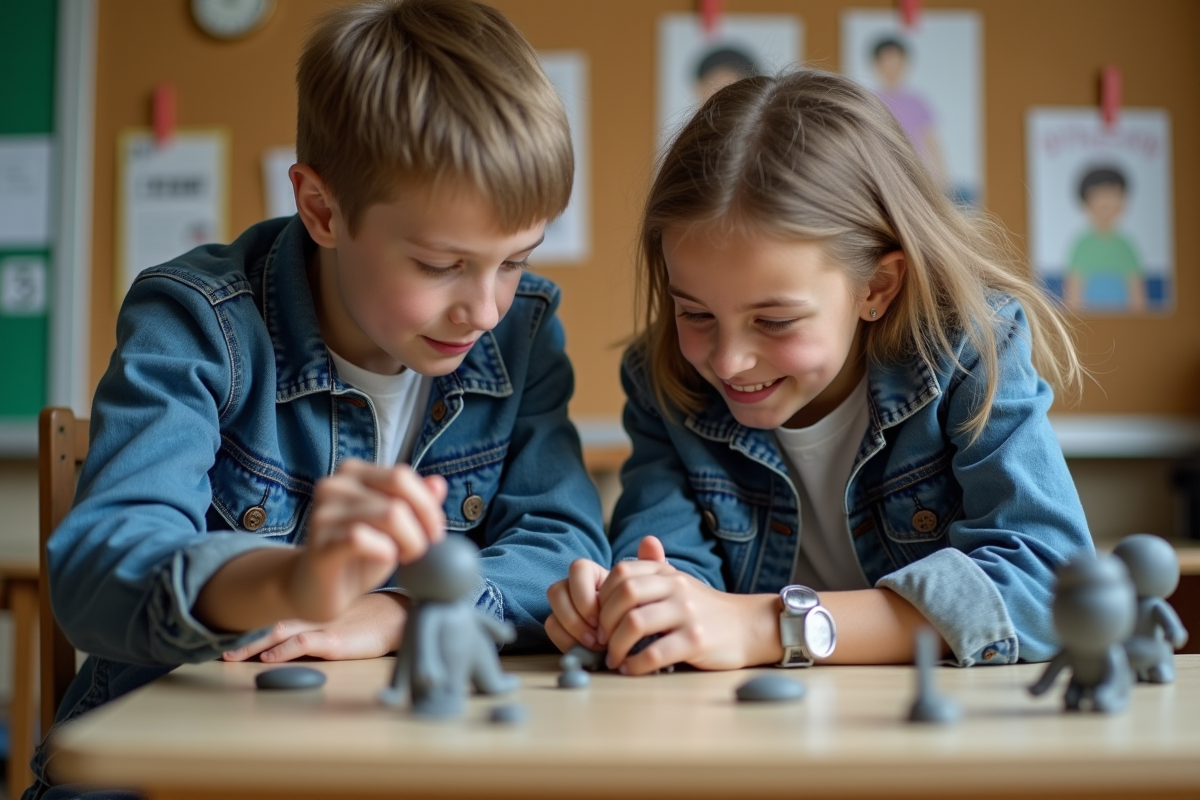 Deux lycéens créant une animation en pâte à modeler