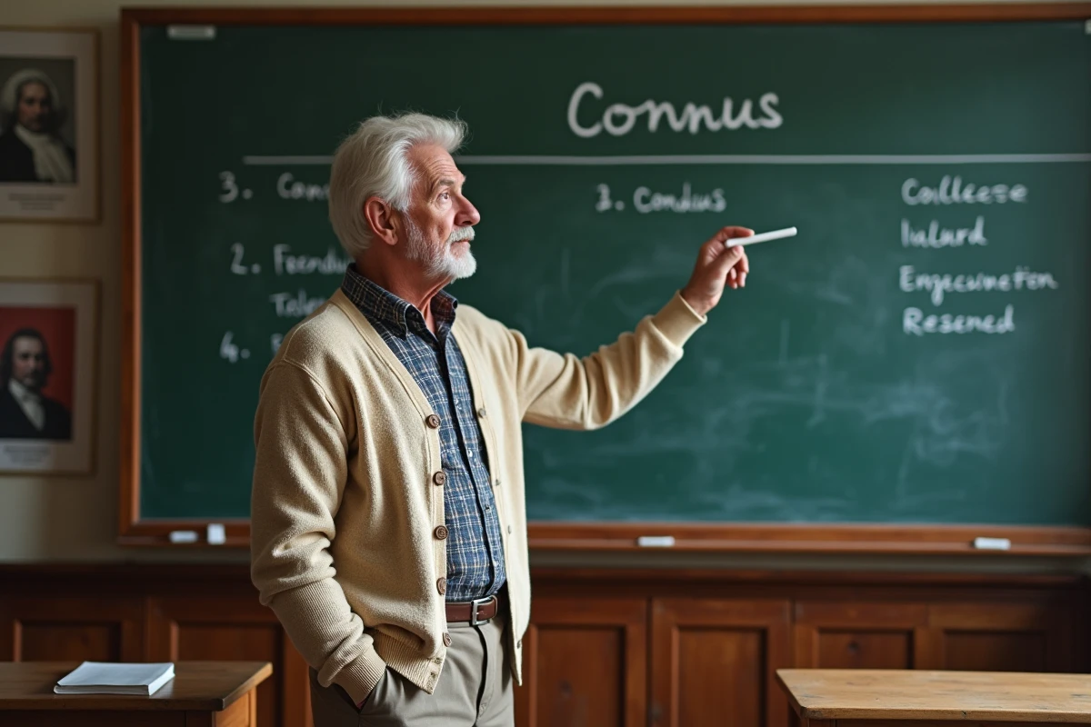 Professeur expliquant la conjugaison française devant un tableau noir