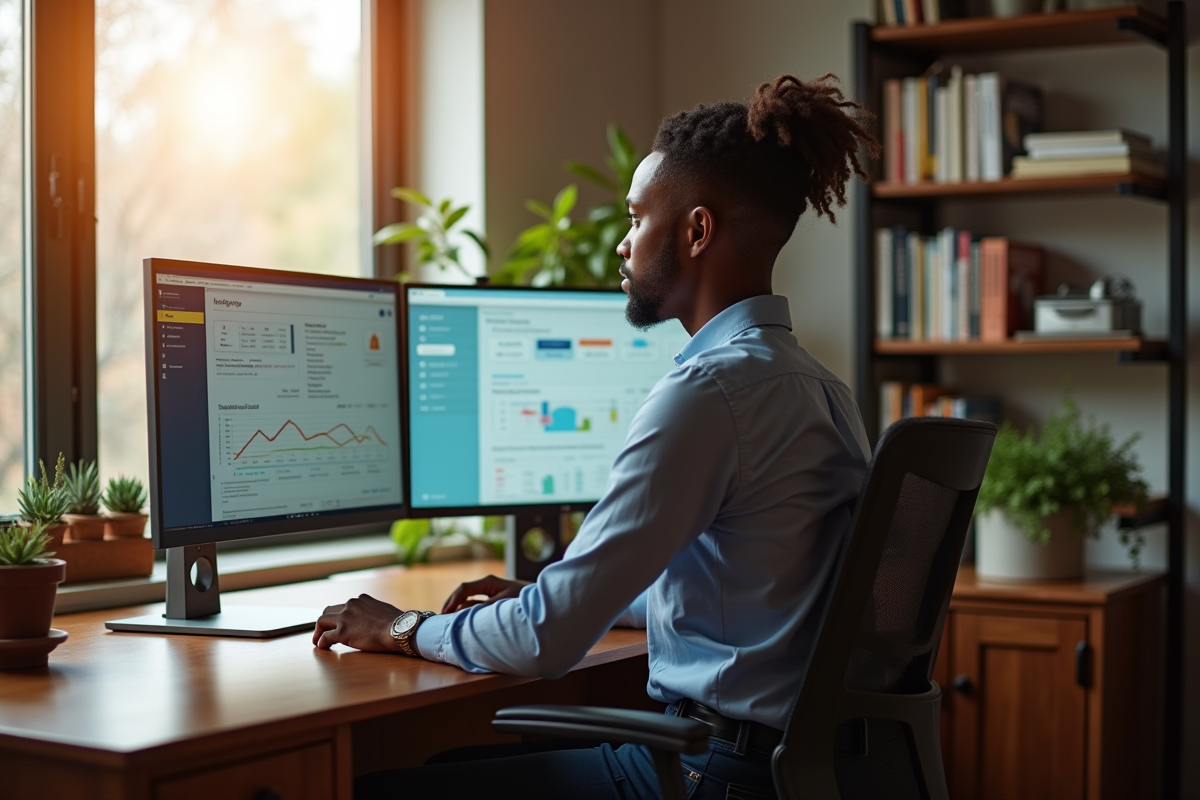 Professeur concentré donnant une leçon en ligne depuis un bureau moderne