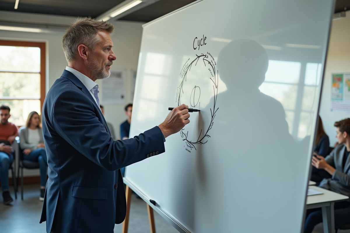Professeur dessinant un diagramme sur un tableau blanc