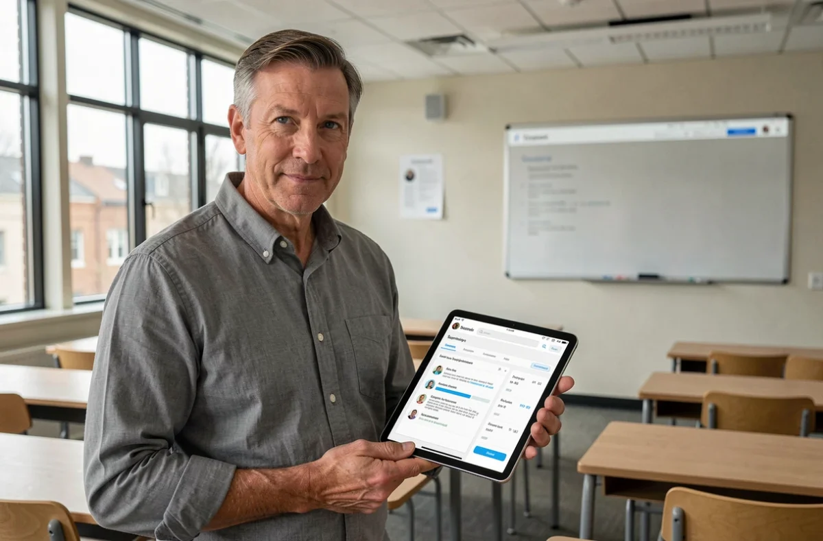 Enseignant consultant les devoirs et corrections d'élèves sur une tablette dans une salle de classe moderne