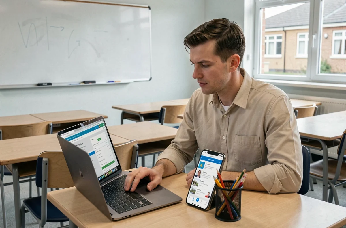 Enseignant configurant l'ENT Aisne NEO sur mobile et ordinateur portable dans une salle de classe