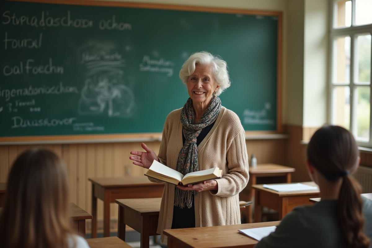 Enseignante âgée dans une classe avec tableau et livres