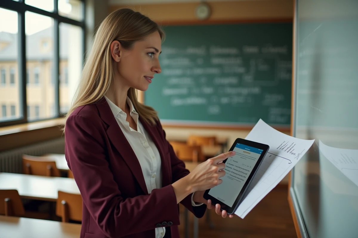 Enseignante comparant l'application et le site web edu Normandie sur une tablette dans une salle de classe
