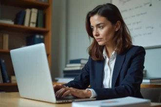 Enseignante se connectant au portail IProf Versailles sur un ordinateur portable dans une salle des professeurs