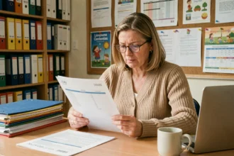 Une enseignante examine un document administratif scolaire avec un code UAI dans un bureau d'école primaire française