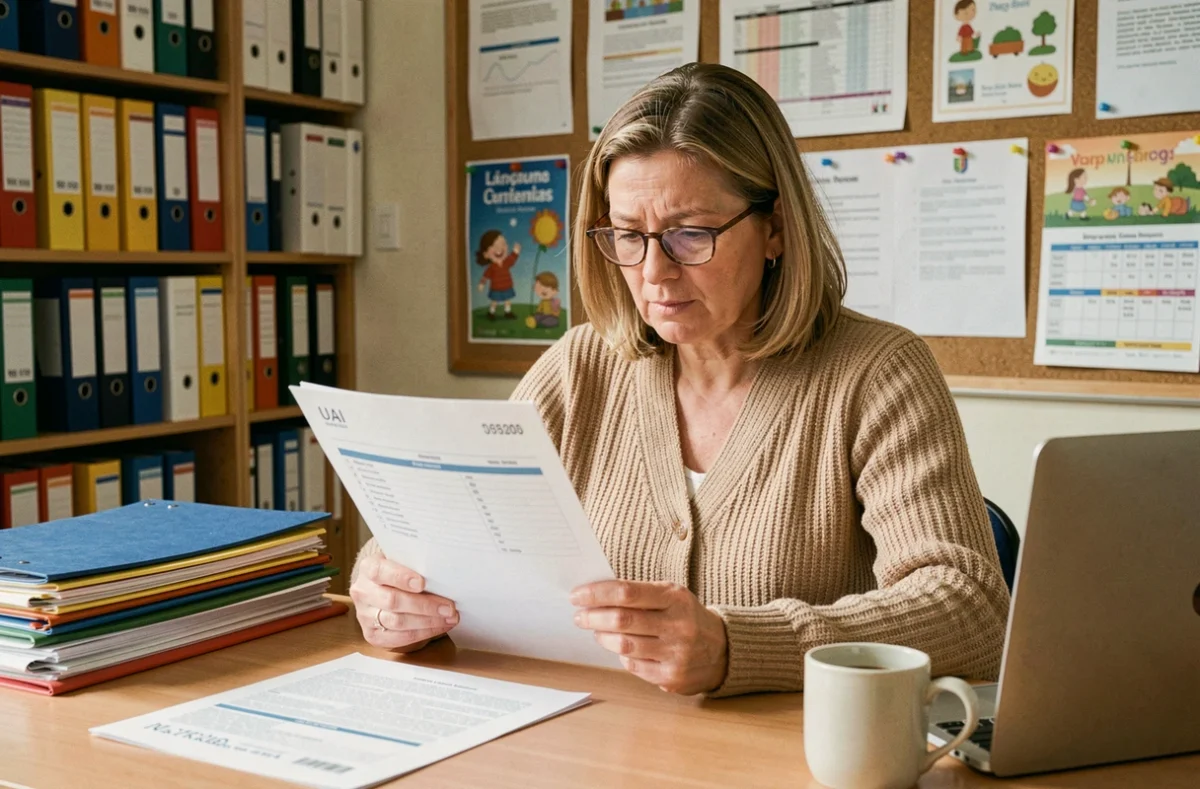 Une enseignante examine un document administratif scolaire avec un code UAI dans un bureau d'école primaire française