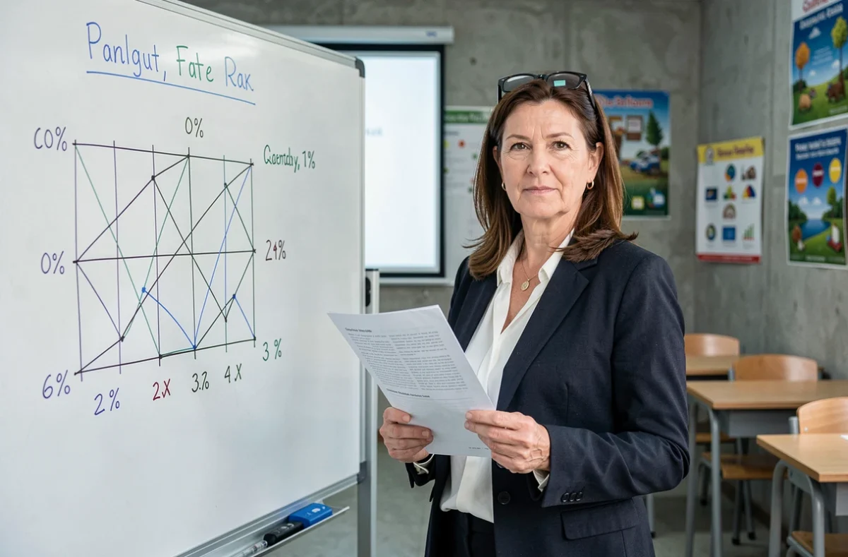 Enseignante expliquant la grille de points du contrôle continu du brevet devant un tableau blanc en classe