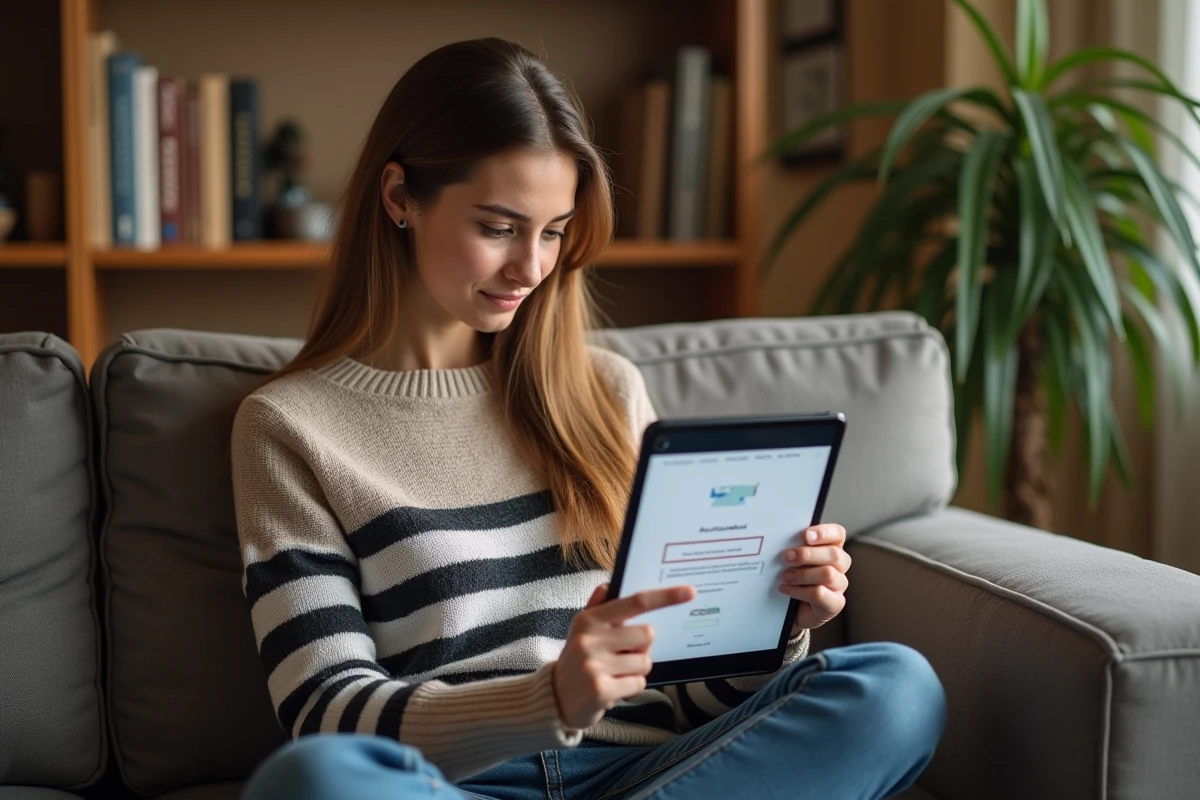 Jeune enseignante consultant IProf Versailles sur une tablette depuis son domicile avec un message d'erreur affiché