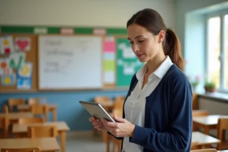 Enseignante du premier degré consultant une tablette numérique dans une salle de classe élémentaire, illustration des fonctions pédagogiques dans le cadre de la convergence Dsden 24