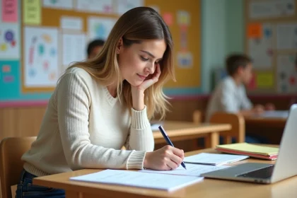 Enseignante primaire annotant un tableau dans une classe accueillante