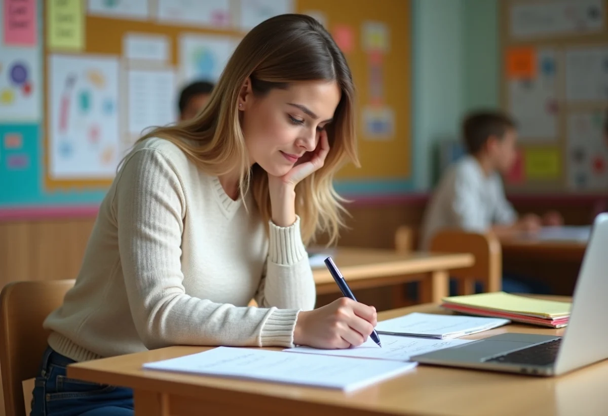 Enseignante primaire annotant un tableau dans une classe accueillante