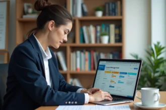 Enseignante universitaire structurant son semestre sur Moodle dans son bureau académique