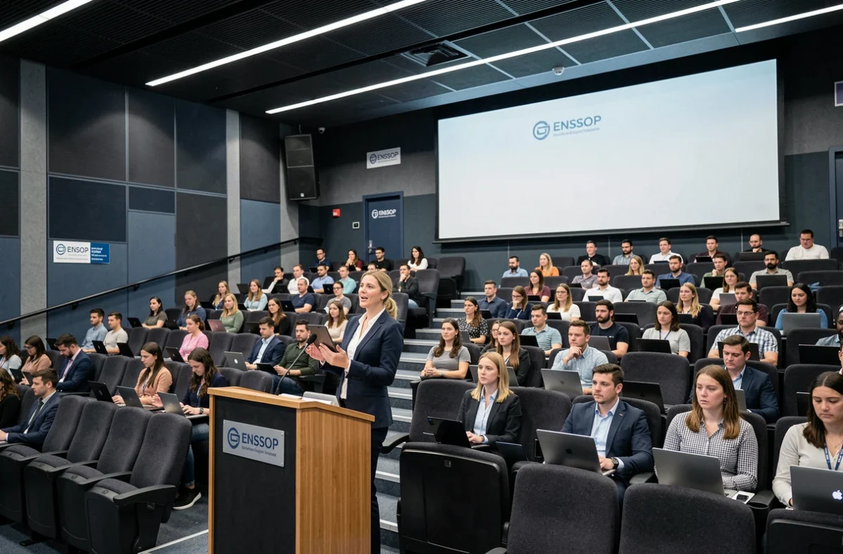 Conférencière à l'ENSSOP présentant devant un amphithéâtre d'étudiants professionnels en formation