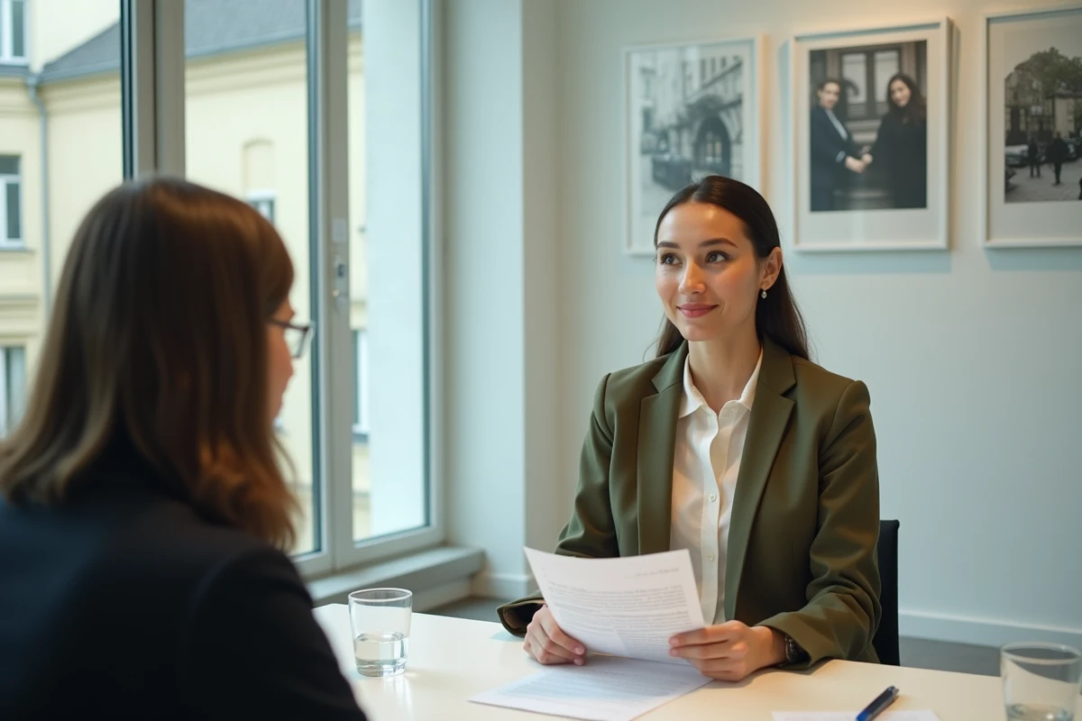 Candidate présentant son dossier lors d'un entretien d'admission à l'école Gobelins