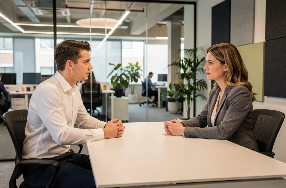 Entretien d'embauche entre un candidat et une recruteuse dans un espace de coworking moderne à Paris, illustrant les attentes des recruteurs digitaux