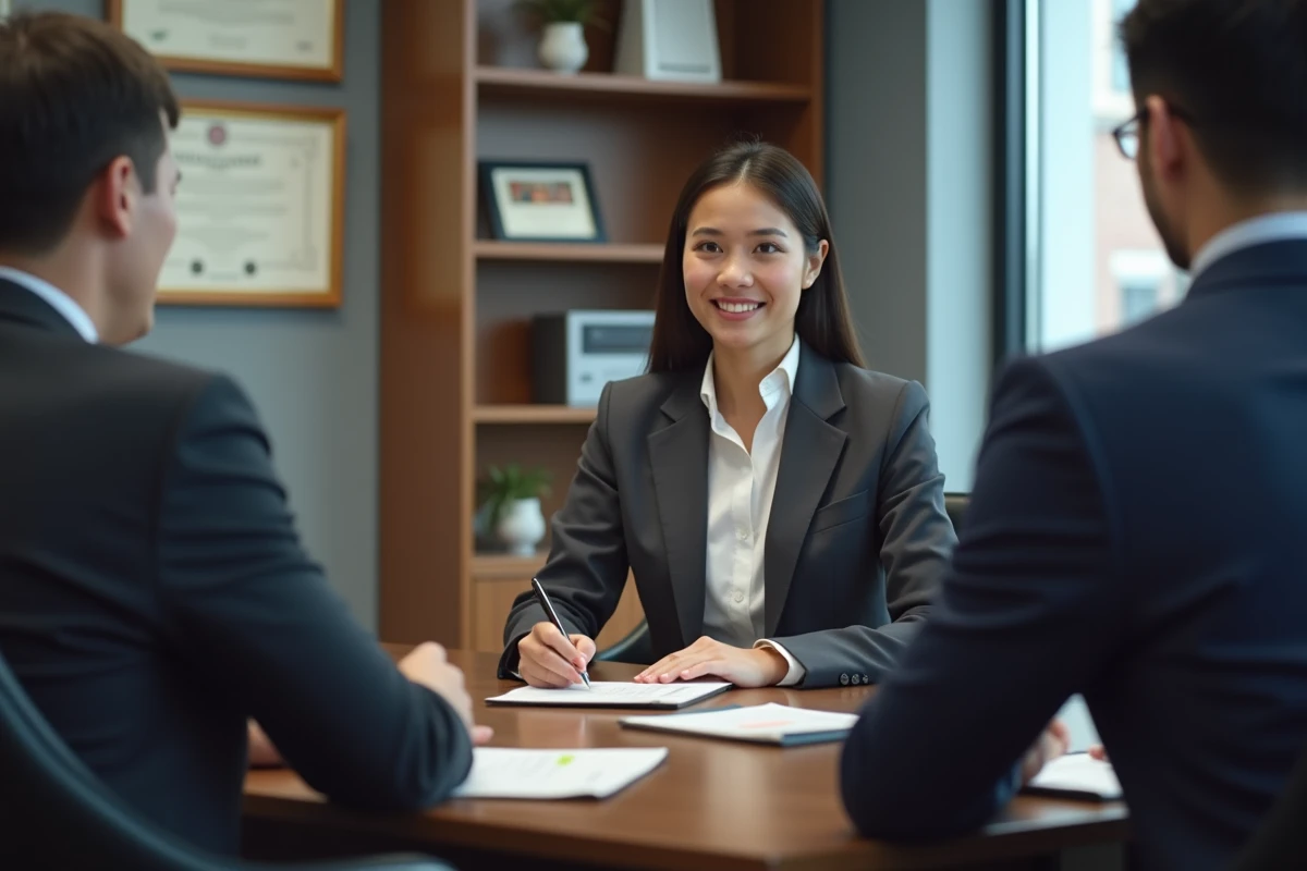 Entretien d'embauche entre une diplômée d'école de commerce et un recruteur dans un bureau d'entreprise