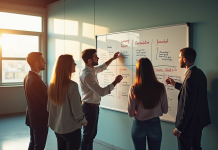 Equipe diverse en brainstorming sur objectifs d'entreprise