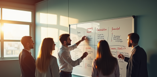 Equipe diverse en brainstorming sur objectifs d'entreprise