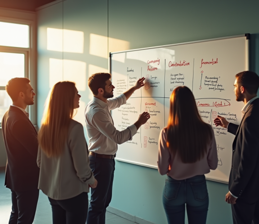 Equipe diverse en brainstorming sur objectifs d'entreprise