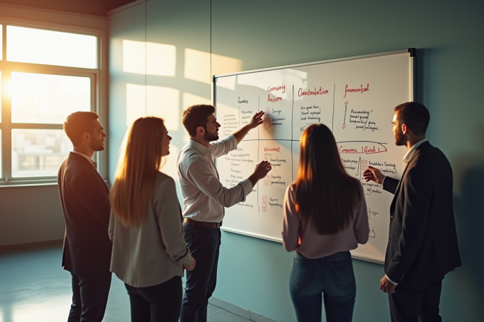 Equipe diverse en brainstorming sur objectifs d'entreprise
